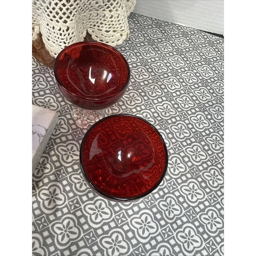 Vintage Set 8 Anchor Hocking Bubble Stem Champagne Sherbet Glasses Ruby Red 3.5
